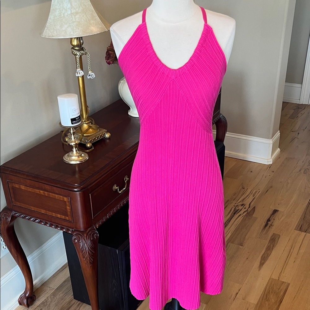 Arach & Cloz Bright Pink Magenta V Neck Halter Cross Back Mermaid Hem Dress New